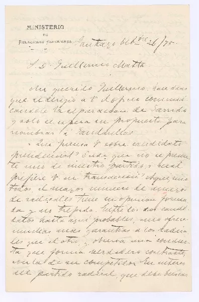 [Carta] 1875 oct. 26, Santiago, Chile [a] Guillermo Matta  [manuscrito] Fabio Alfonso.