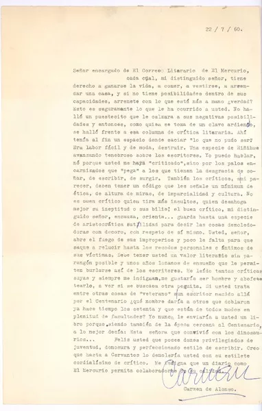[Carta] 1960 jul. 22, Santiago, Chile [a] Raúl Silva Castro  [manuscrito] Carmen de Alonso.