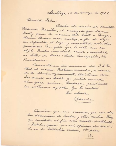 [Carta] 1925 may. 10, Santiago, Chile [a] Pedro Prado  [manuscrito] Eduardo Barrios.