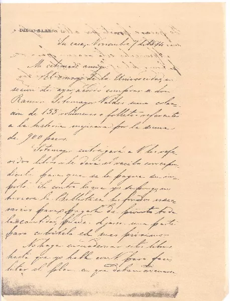[Carta] 1874 nov. 7, Santiago, Chile [a]Biblioteca Nacional de Chile  [manuscrito] Diego Barros Arana.