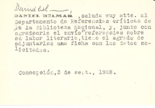 [Tarjeta] 1968 sep. 3, Concepción, Chile [a] Biblioteca Nacional de Chile  [manuscrito] Daniel Belmar.