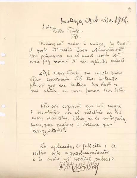 [Carta] 1912 nov. 23, Santiago, Chile [a] Pedro Prado  [manuscrito] Antonio Bórquez Solar.
