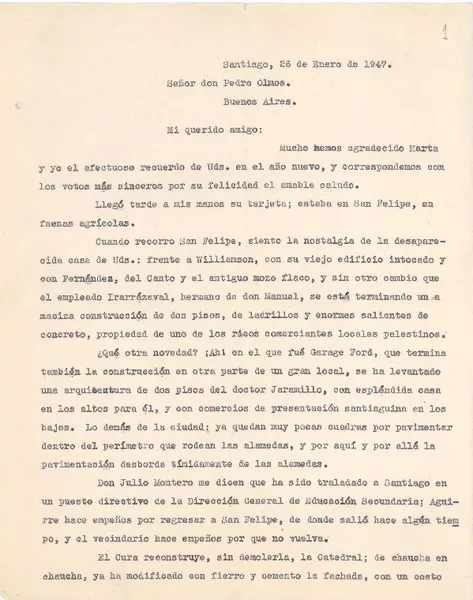 [Carta] 1947 ene. 26, Santiago, Chile [a] Pedro Olmos  [manuscrito] Alfonso Bulnes.