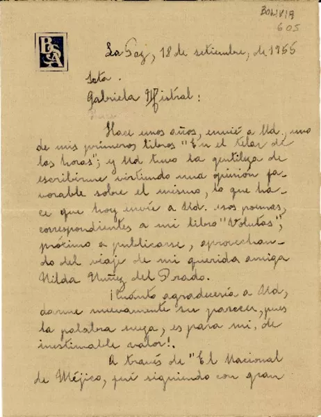 [Carta] 1955 sept. 18, La Paz, [Bolivia] [a] Gabriela Mistral  [manuscrito] Beatriz Schulze Arana.