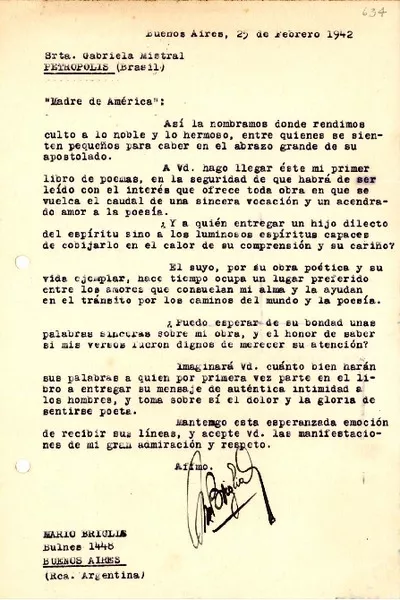 [Carta] 1942 feb. 25, Buenos Aires [a] Gabriela Mistral, Petrópolis, Brasil  [manuscrito] Mario Briglia.