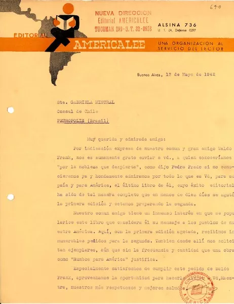 [Carta] 1942 mayo. 13, Buenos Aires [a] Gabriela Mistral, Petrópolis, Brasil  [manuscrito] Editorial Américalee.