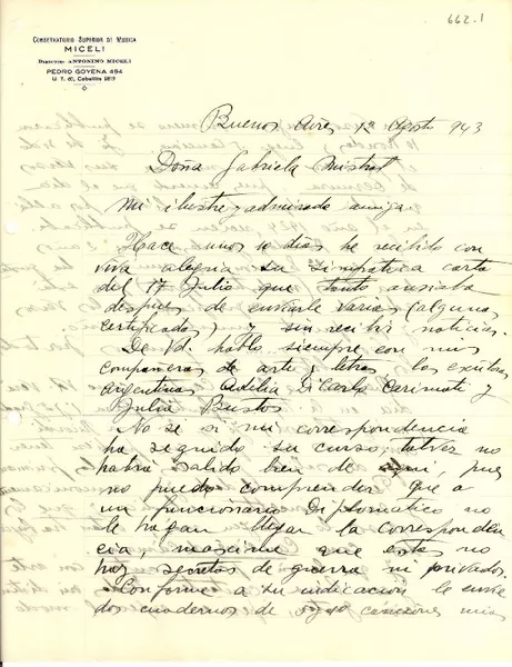 [Carta] 1943 ago. 12, Buenos Aires [a] Gabriela Mistral  [manuscrito] Antonino Miceli.