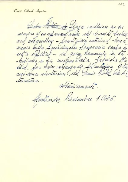 [Carta] 1945 nov, Montevideo [a] Gabriela Mistral  [manuscrito] Comité Cultural Argentino.