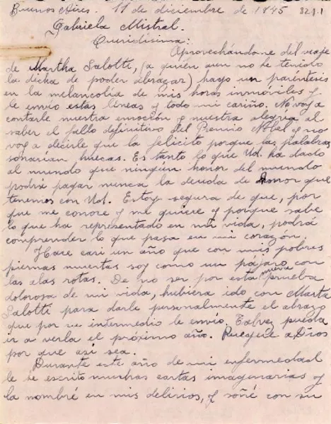 [Carta] 1945 dic. 11, Buenos Aires, Argentina [a] Gabriela Mistral  [manuscrito] Tonita.