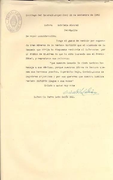 [Carta] 1945 nov. 25, Santiago del Estero, R. Argentina [a] Gabriela Mistral, Petrópolis, [Brasil]  [manuscrito] Escuela no. 340, Santiago del Estero.