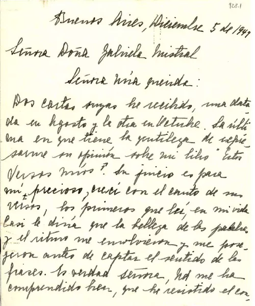 [Carta] 1949 dic. 5, Buenos Aires [a] Gabriela Mistral  [manuscrito] Luz de Monroy.