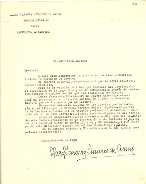 [Carta] 1950 ene. 24, Salta, [Argentina a] Gabriela Mistral  [manuscrito] Clara Saravia Linares de Arias.