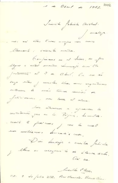 [Carta] 1953 abr. 1, Buenos Aires, Argentina [a] Gabriela Mistral  [manuscrito] De una admiradora.