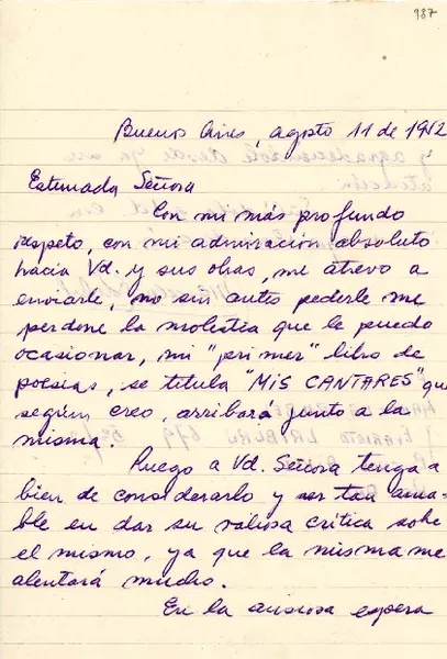 [Carta] 1952 ago. 11, Buenos Aires [a] Gabriela Mistral  [manuscrito] Marcela Rubel.