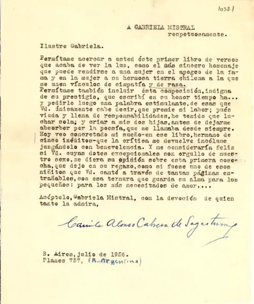 [Carta] 1956 jul., Buenos Aires, [Argentina] [a] Gabriela Mistral  [manuscrito] Camila Alonso Cabrera de Sagastume.