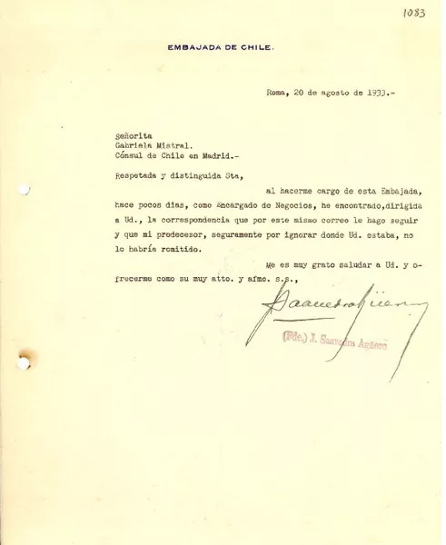 [Carta] 1933 ago. 20, Roma, [Italia] [a] Gabriela Mistral, Madrid, [España]  [manuscrito] J. Saavedra Agüero.