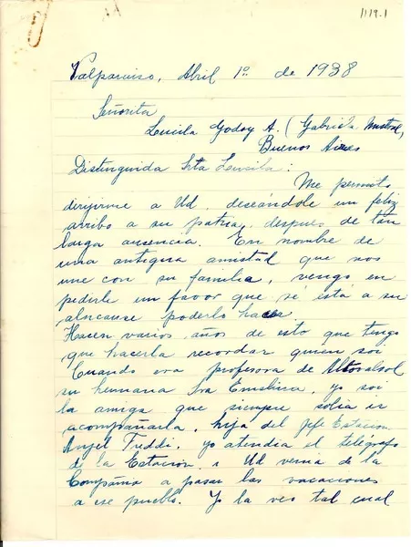 [Carta] 1938 abr. 1, Valparaíso, [Chile] [a] Lucila Godoy A., Buenos Aires, [Argentina]  [manuscrito] Esther Freddy de Álvarez.