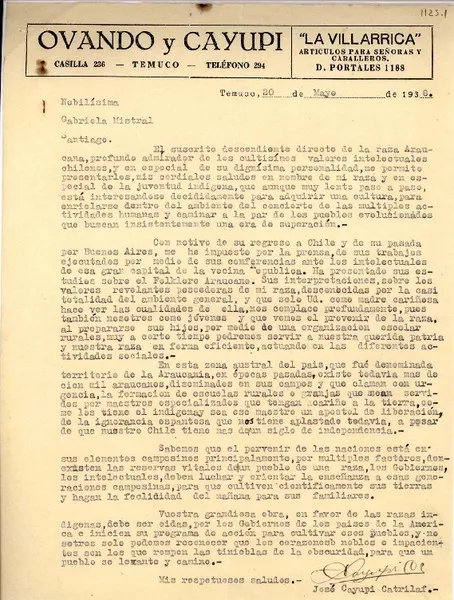 [Carta] 1938 mayo 20, Temuco, Chile [a] Gabriela Mistral, Santiago, [Chile]  [manuscrito] José Cayupi Catrilaf.