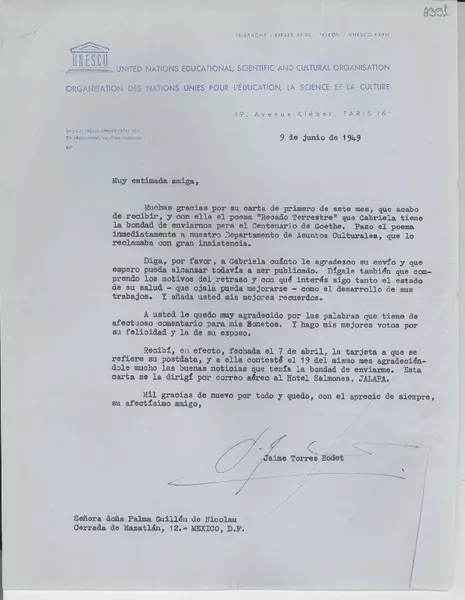 [Carta] 1949 jun. 9, [París] [a] Palma Guillén de Nicolau, México D. F.  [manuscrito] Jaime Torres Bodet.