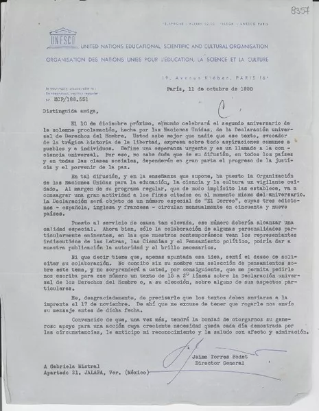 [Carta] 1950 oct. 11, París [a] Gabriela Mistral, Jalapa, Veracruz, México  [manuscrito] Jaime Torres Bodet.