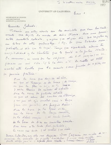 [Carta] [1947] ene. 9, [Berkeley, EE.UU.] [a] Gabriela Mistral  [manuscrito] Arturo [Torres Rioseco].