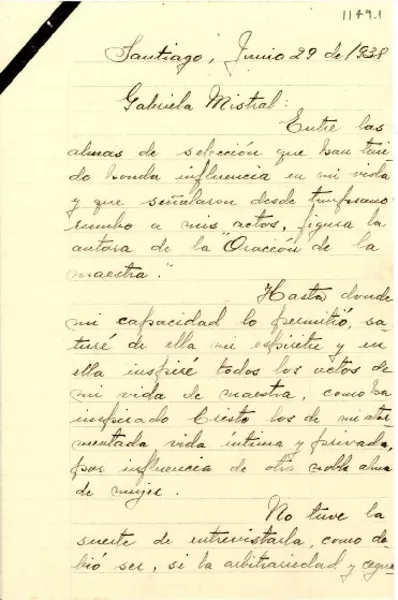 [Carta] 1938 jun. 29, Santiago [a] Gabriela Mistral  [manuscrito] Ema González.
