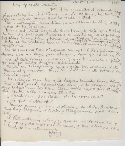 [Carta] 1945 abr. 20 [a] [Gabriela Mistral]  [manuscrito] María [Urzúa de Briceño].