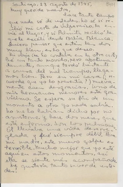 [Carta] 1945 ago. 23, Santiago, [Chile] [a] [Gabriela Mistral]  [manuscrito] María [Urzúa de Briceño].