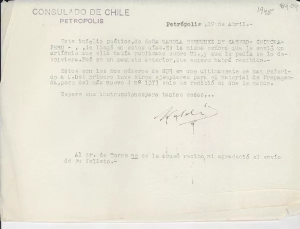 [Carta] [1945] abr. 19, Petrópolis, [Brasil] [a] [Gabriela Mistral]  [manuscrito] A[rturo] Valdés [Phillips].