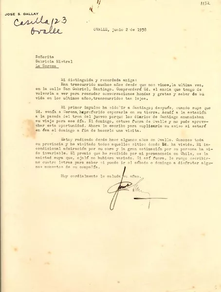 [Carta] 1938 jun. 2, Ovalle, Chile [a] Gabriela Mistral, La Serena  [manuscrito] José S. Gallay.