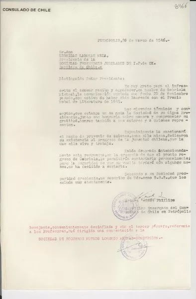 [Carta] 1946 mar. 20, Petrópolis [a] Leonidas Lagunas Meza, Santiago de Chile  [manuscrito] Arturo Valdés Phillips.