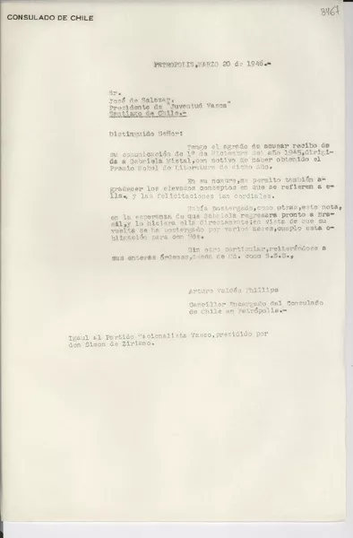 [Carta] 1946 mar. 20, Petrópolis [a] José de Salazar, Santiago de Chile  [manuscrito] Arturo Valdés Phillips.