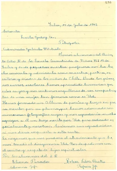 [Carta] 1943 jul. 14, Talca, [Chile] [a] Lucila Godoy A., Petrópolis, [Brasil]  [manuscrito] Eliana Parada, Rebeca Silva Castro.
