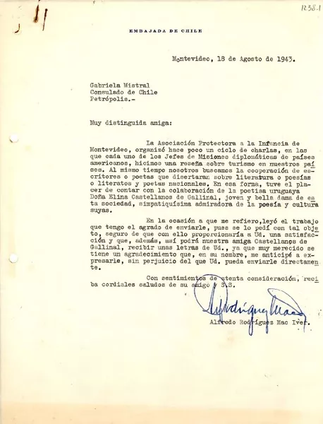 [Carta] 1943 ago. 18, Montevideo, [Uruguay] [a] Gabriela Mistral, Consulado de Chile, Petrópolis, [Brasil]  [manuscrito] Alfredo Rodríguez Mac-Iver.