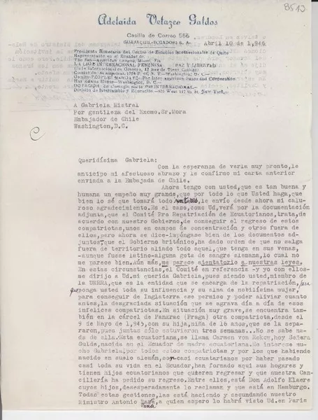 [Carta] 1946 abr. 10, [Guayaquil], [Ecuador] [a] Gabriela Mistral, Washington, D.C., [EE.UU.]  [manuscrito] Adelaida Velazco Galdos.
