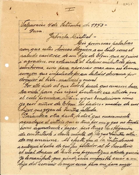 [Carta] 1943 set. 4, Valparaíso, Chile [a] Gabriela Mistral  [manuscrito] Luis Rivera A.