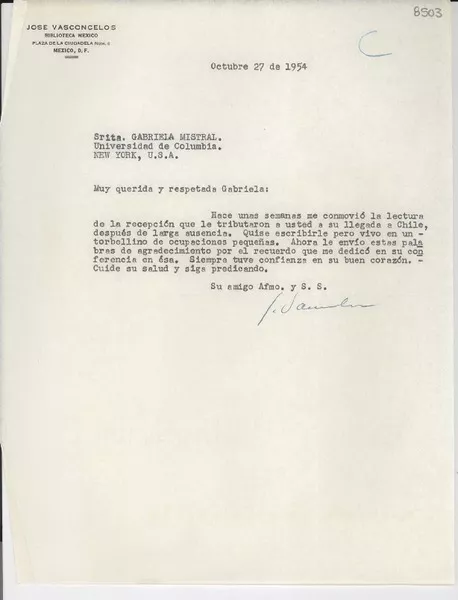 [Carta] 1954 oct. 27, [México D. F.] [a] Gabriela Mistral, New York, U.S.A.  [manuscrito] José Vasconcelos.