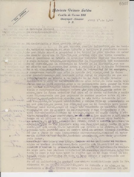 [Carta] 1944 abr. 1, [Guayaquil, Ecuador] [a] Gabriela Mistral, Petrópolis, Brasil  [manuscrito] Adelaida Velazco Galdós.