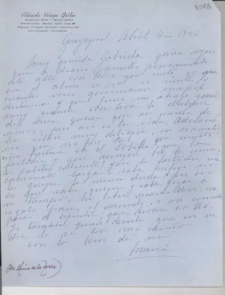[Carta] 1956 abr. 4, Guayaquil [a] Gabriela Mistral  [manuscrito] María de la Torre.