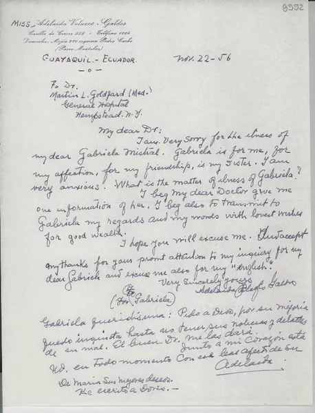 [Carta] 1956 nov. 22, Guayaquil, Ecuador [a] Dr. Martin L. Goldfard y a Gabriela Mistral, Nueva York  [manuscrito] Adelaida Velazco Galdós.