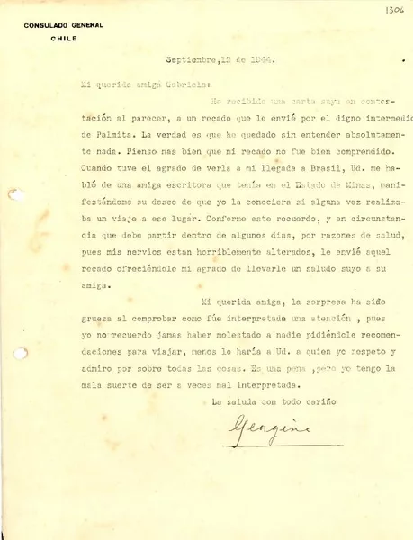 [Carta] 1944 sept. 12, [Chile?] [a] Gabriela Mistral  [manuscrito] De una amiga.