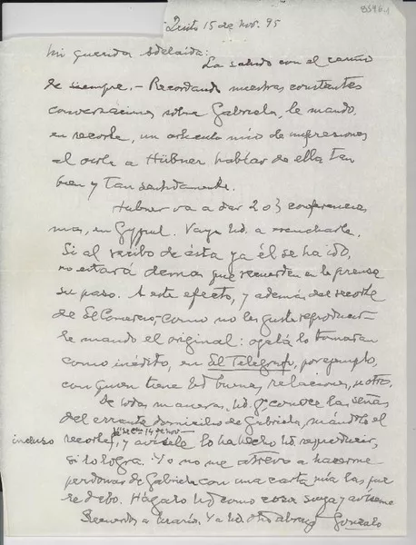 [Carta] 1955 nov. 15, Quito, [Ecuador] [a] Adelaida [Velazco Galdos]  [manuscrito] Gonzalo [Zaldumbide].