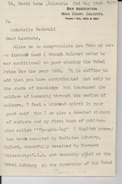 [Carta] 1946 May 2, Calcutta, [India] [a] Gabriello Mesbrali [i.e. Gabriela Mistral]  [manuscrito] Bimal Ch. Bose.