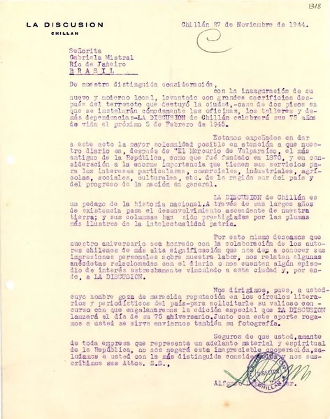 [Carta] 1944 nov. 27, Chillán, Chile [a] Gabriela Mistral, Río de Janeiro, [Brasil]  [manuscrito] Alfonso Lagos Villar.