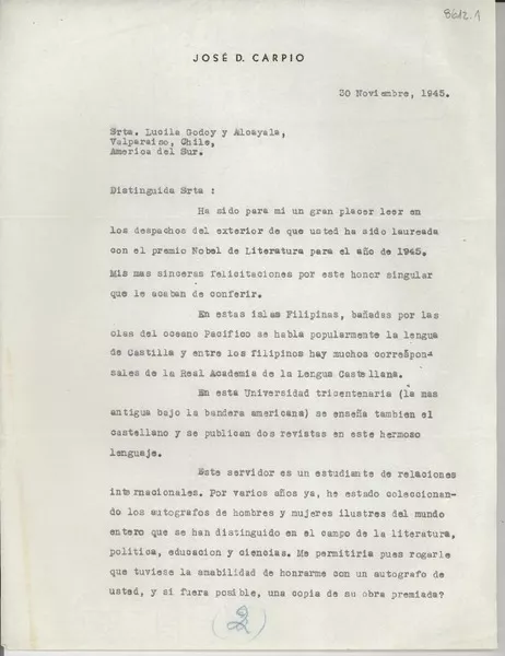 [Carta] 1945 nov. 30, [Filipinas] [a] Lucila Godoy Alcayaga, Valparaíso, Chile  [manuscrito] José D.Carpio.