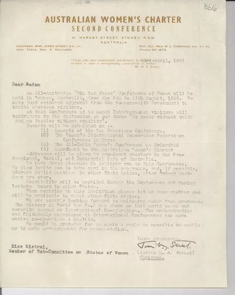 [Carta] 1946 Apr. 23, [Sydney, Australia] [a] Gabriela Mistral  [manuscrito] Jessie M. G. Street.