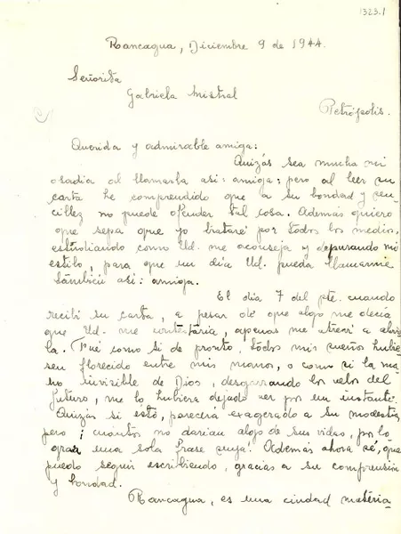 [Carta] 1944 dic. 9, Rancagua, Chile [a] Gabriela Mistral  [manuscrito] Lucía Barbieri