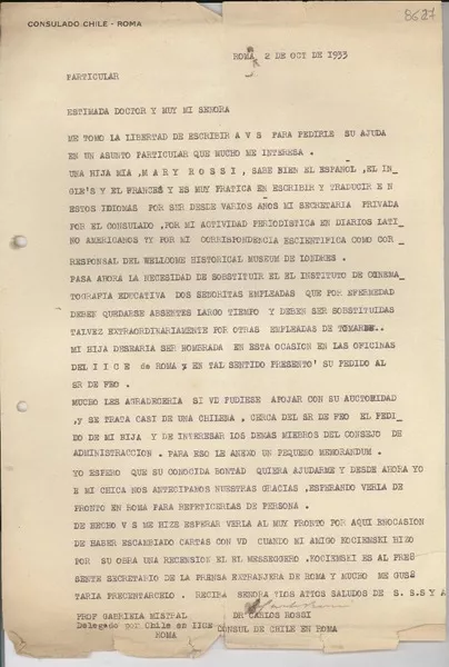 [Carta] 1933 oct. 2, Roma [a] Gabriela Mistral, Roma  [manuscrito] Carlos Rossi.