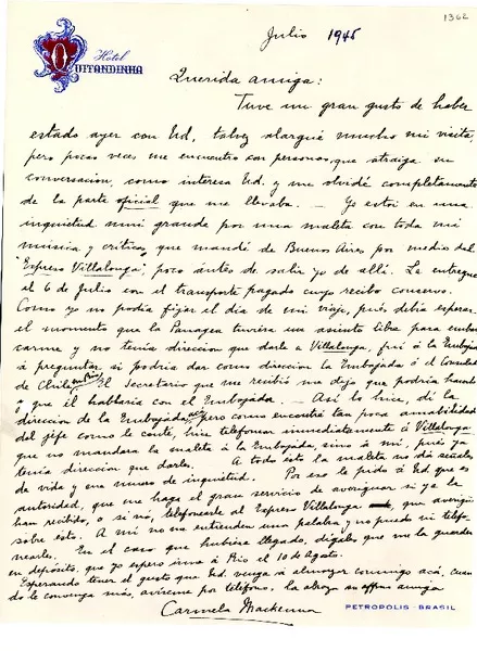 [Carta] [1945?] jul., [Brasil] [a] Gabriela Mistral, Petrópolis  [manuscrito] Carmela Mackenna.