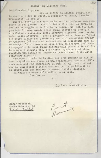 [Carta] 1945 dic. 28, Rimini, [Italia] [a] Gabriela Mistral  [manuscrito] Mario Gessaroli.